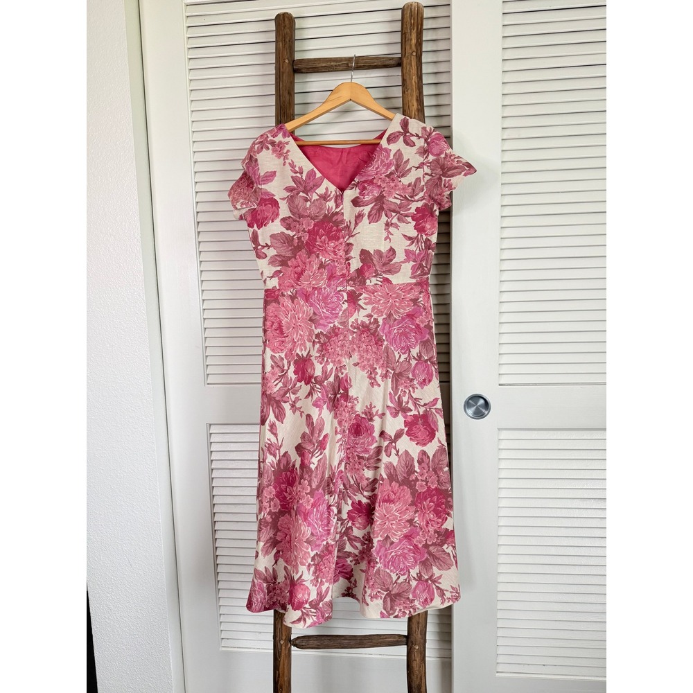 Talbots Floral Sheath Dress Petites 8‎ Pink  Linen Cotton V-Back Vintage